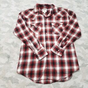 Ely Cattleman Shirt Mens Medium Red Plaid Pockets Pearl Snap Long Sleeve